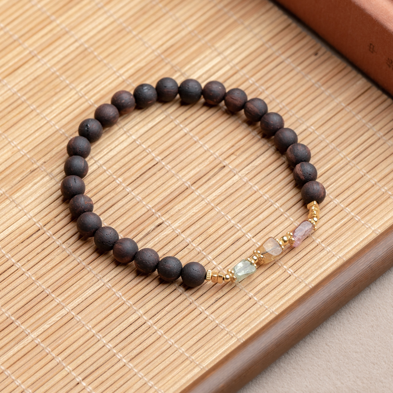 降真香6mm复古小众单圈手串配随形碧玺