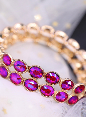 夕瑶饰品新款 玫红色钻闪亮椭圆双层气质弹力手镯欧美休闲个性