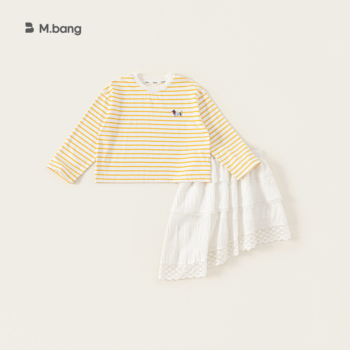 女童夏季女童套装春季新品黄色条纹T恤时髦白色半身裙大童两件套