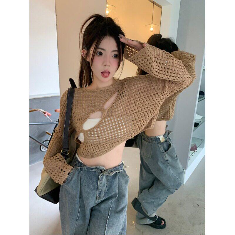 宅女家设计感镂空显瘦长袖针织衫女装春季复古chic百搭短款罩衫