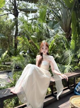 宅女家法式气质网纱披肩抹胸连衣裙女装春季新款减龄修身A字裙