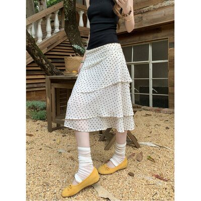 宅女家甜美风杏色波点不规则显瘦半身裙女装春季气质休闲A字裙