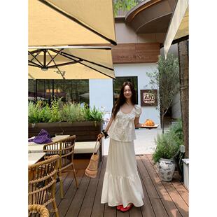 宅女家度假风白色休闲宽松短袖T恤女装春季高腰A字长裙子两件套