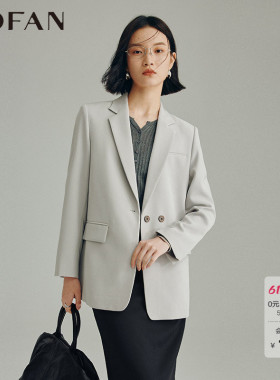 经典岩灰色平驳领西装外套女MOFAN摩凡春秋新款复古休闲西服套装