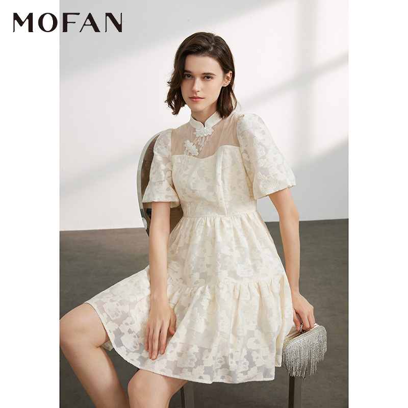 MOFAN摩凡夏新款米色花纹连衣裙