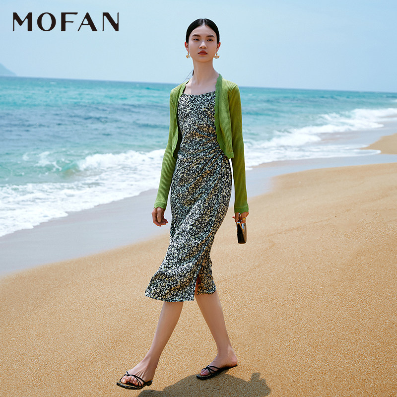 MOFAN摩凡夏奇异果绿V领针织开衫毛衣女碎花吊带裙时尚套装