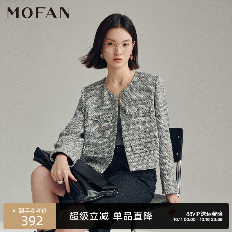 MOFAN摩凡秋新款麻米色短外套
