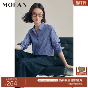 休闲衬衣显瘦 韩版 复古蓝格纹100%棉衬衫 女MOFAN摩凡2026春新款