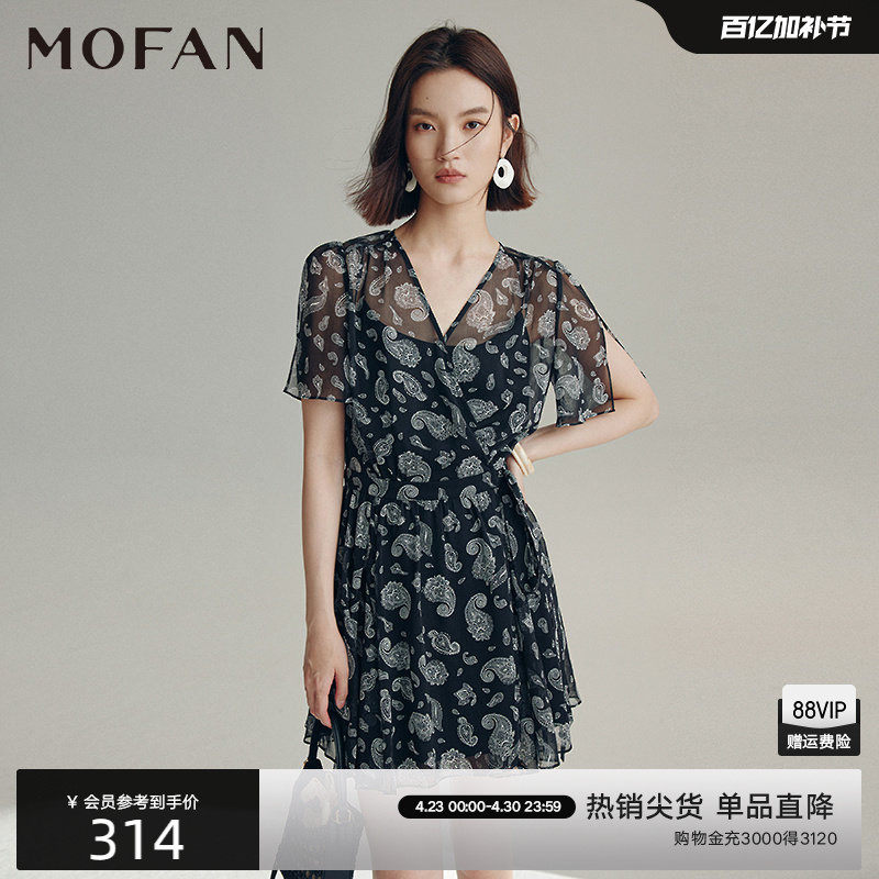 时尚透视印花收腰A字雪纺裙MOFAN摩凡夏装新款黑色V领显瘦连衣裙