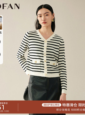 MOFAN摩凡条纹V领羊毛针织开衫外套女春秋新款韩版百搭显瘦毛衣