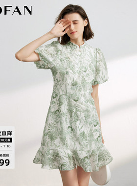 新中式泡泡袖旗袍裙MOFAN摩凡夏新款绿色花纹盘扣设计显瘦连衣裙
