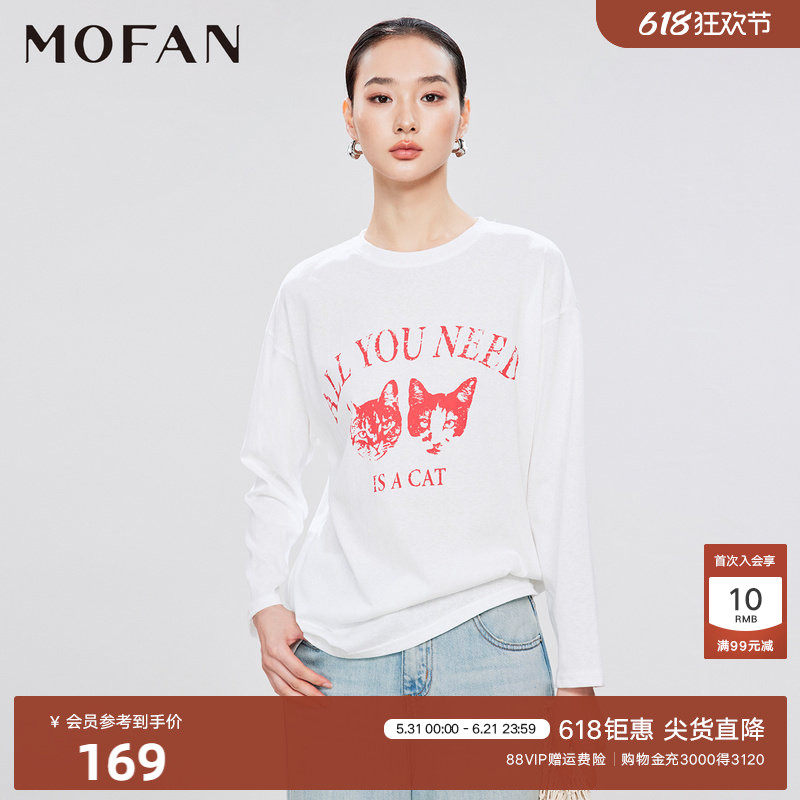 时尚字母印花设计猫咪T恤女MOFAN摩凡2026夏新款白色落肩休闲上衣