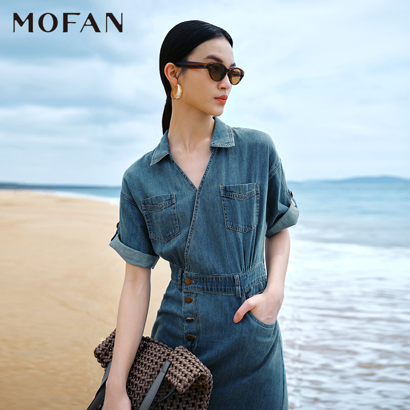 MOFAN摩凡港风复古蓝色牛仔裙夏新款时尚V领高腰显瘦连衣裙