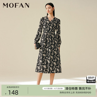 黑底花纹收腰显瘦连衣裙 MOFAN摩凡时髦V领碎花茶歇裙春秋新款