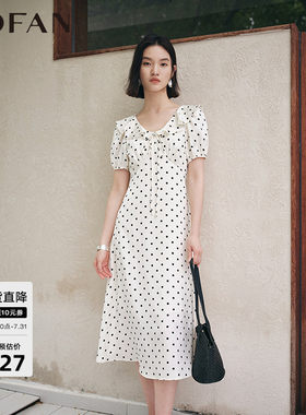 【商场同款】MOFAN摩凡夏装新款甜美淑女米色波点荷叶边V领连衣裙