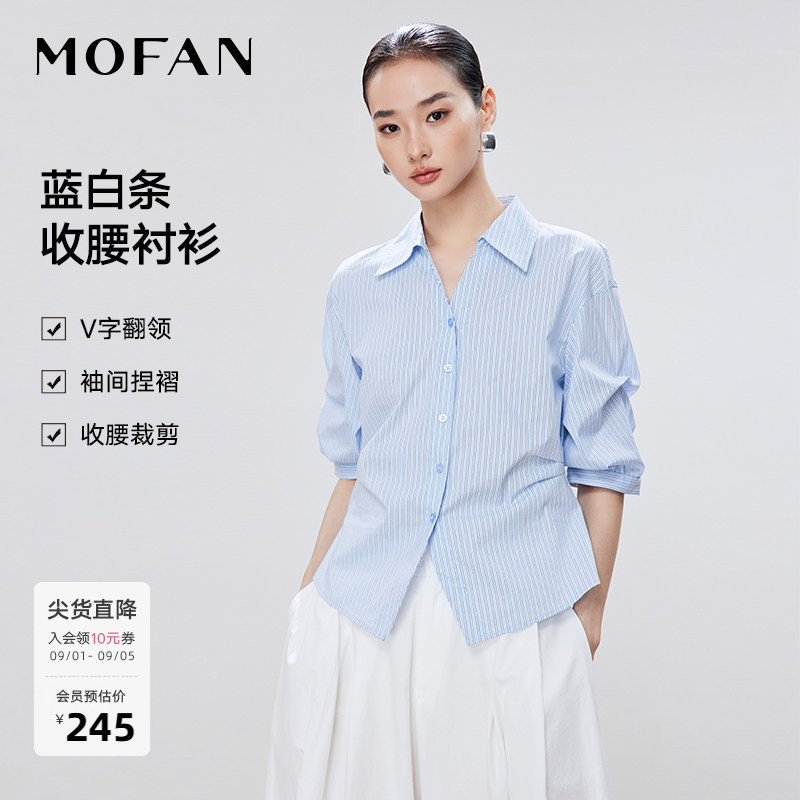 MOFAN摩凡夏新款蓝白条纹衬衫图片