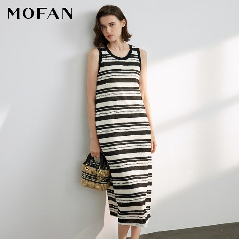 都市优雅条纹针织一步裙MOFAN摩凡2025夏新款米黑直筒显瘦连衣裙,女装/女士精品,连衣裙,淘宝优惠券,粉丝福利购,淘宝优惠卷