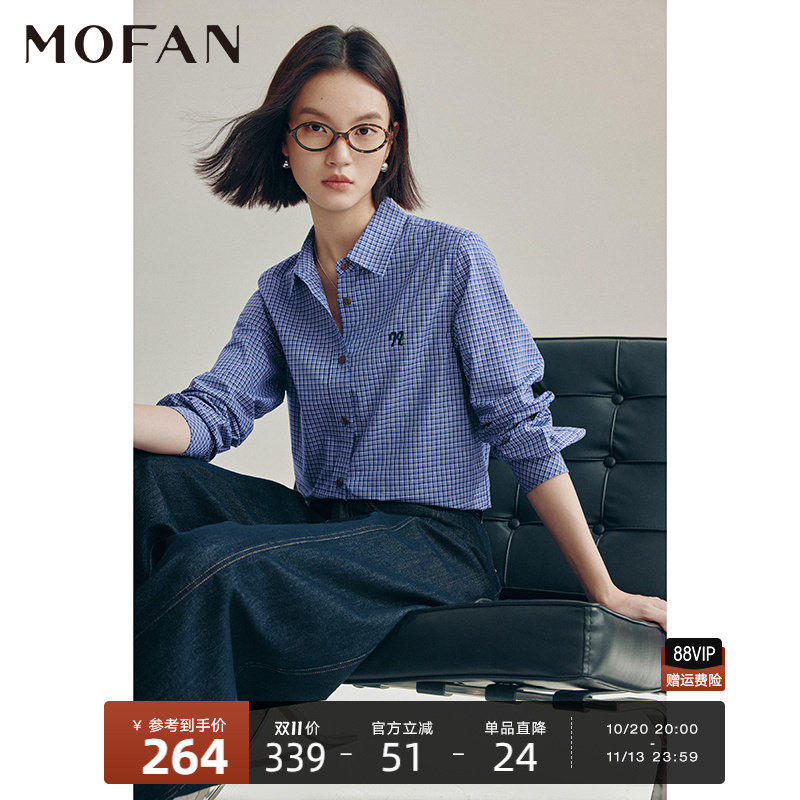 复古蓝格纹100%棉衬衫女MOFAN摩凡2026春秋款韩版休闲衬衣显瘦