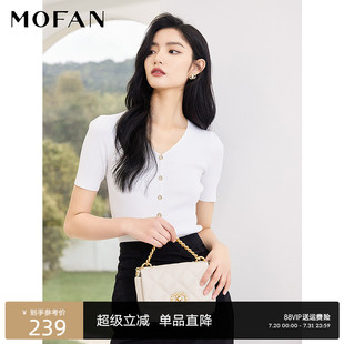 修身 MOFAN夏装 显瘦短袖 新款 上衣潮 森系甜美米色V领针织打底衫