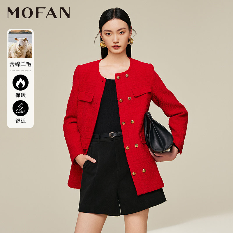 时髦绵羊毛呢大衣女MOFAN摩凡冬装新款节日红双排扣休闲外套