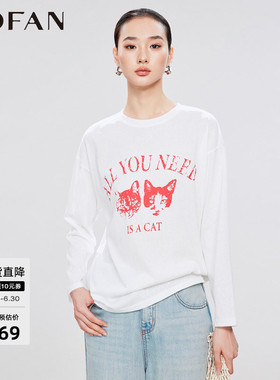时尚字母印花设计猫咪T恤女MOFAN摩凡2026夏新款白色落肩休闲上衣