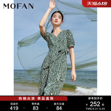 甜美碎花茶歇裙显瘦春夏优雅绿色花纹高腰连衣裙 MOFAN摩凡法式