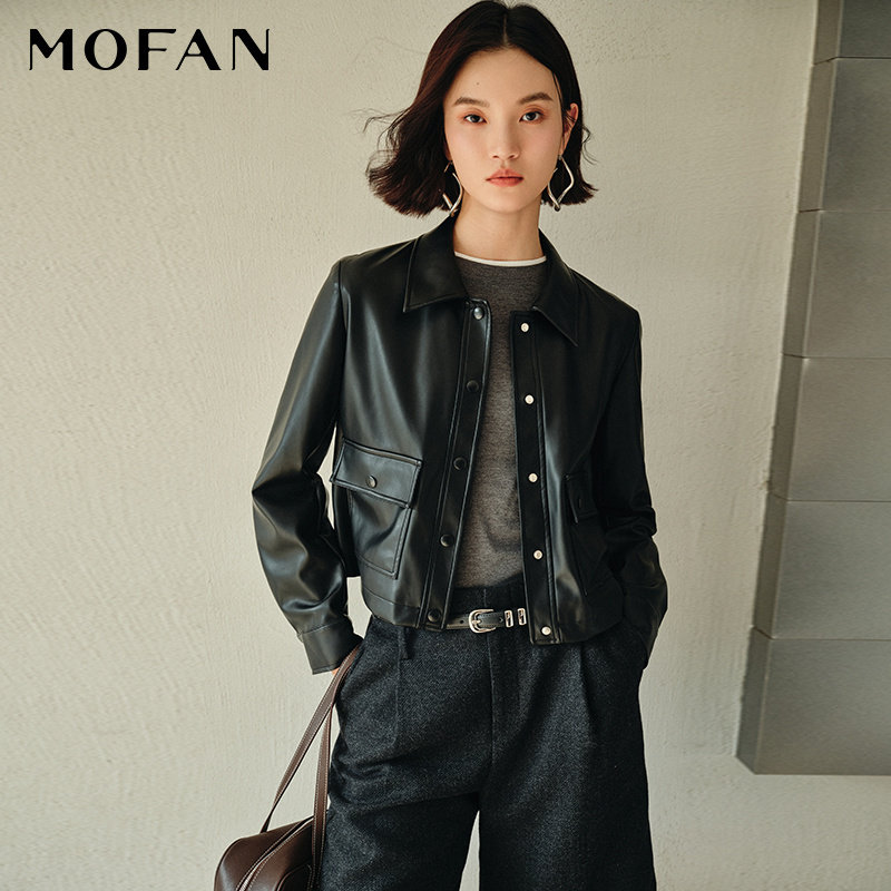 MOFAN摩凡复古经典黑色短款皮衣										