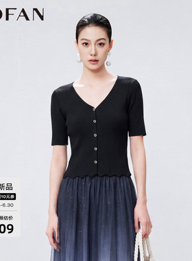 【商场同款】MOFAN摩凡2026夏新款黑色波浪花边设计显瘦针织衫女