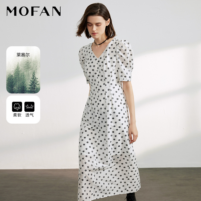 MOFAN摩凡夏新款白底黑点连衣裙