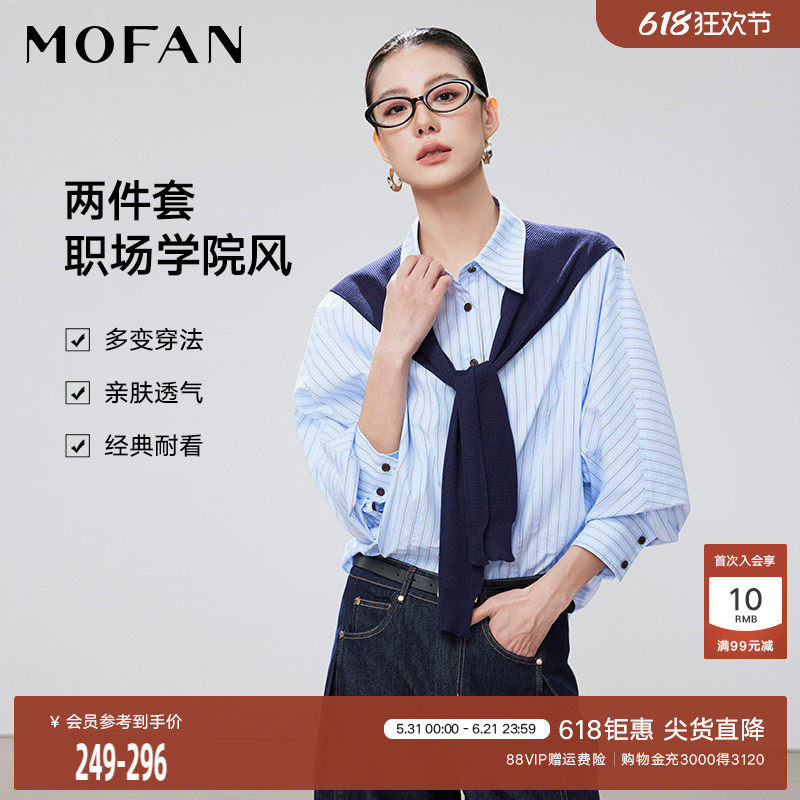 翻领蓝色条纹衬衫MOFAN摩凡2026夏新款可拆卸针织披肩设计感衬衣