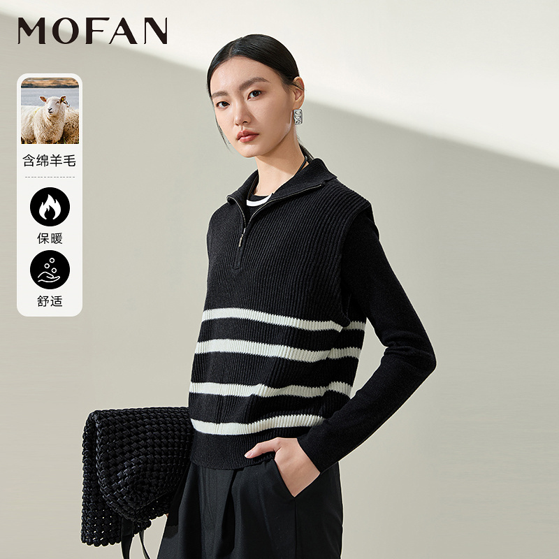 黑白条纹针织马甲女MOFAN摩凡2025早春新款气质灰色条纹无袖毛衫