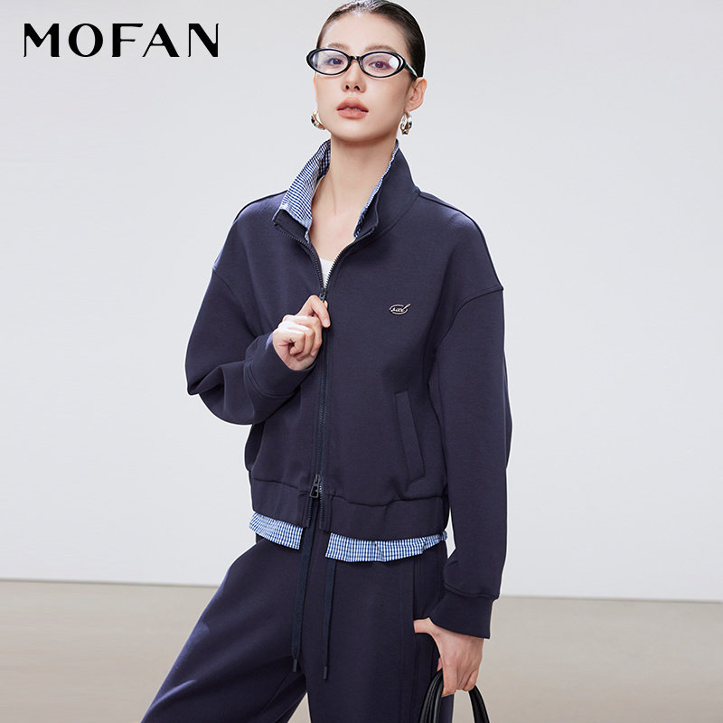 假两件拼接立领卫衣女MOFAN摩凡2026春秋新款落肩休闲上衣显瘦