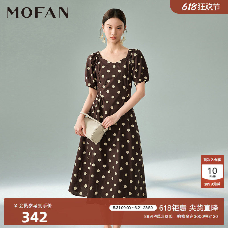 甜美泡泡袖A字茶歇裙MOFAN摩凡夏装新款淑女咖点点显瘦连衣裙