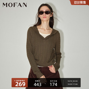 女士针织衫2026新款秋冬V领长袖MOFAN摩凡短款套头毛衣纯色休闲风