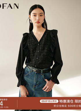 MOFAN摩凡春秋款款黑色木耳边性感V领衬衫女设计感喇叭袖衬衣显瘦
