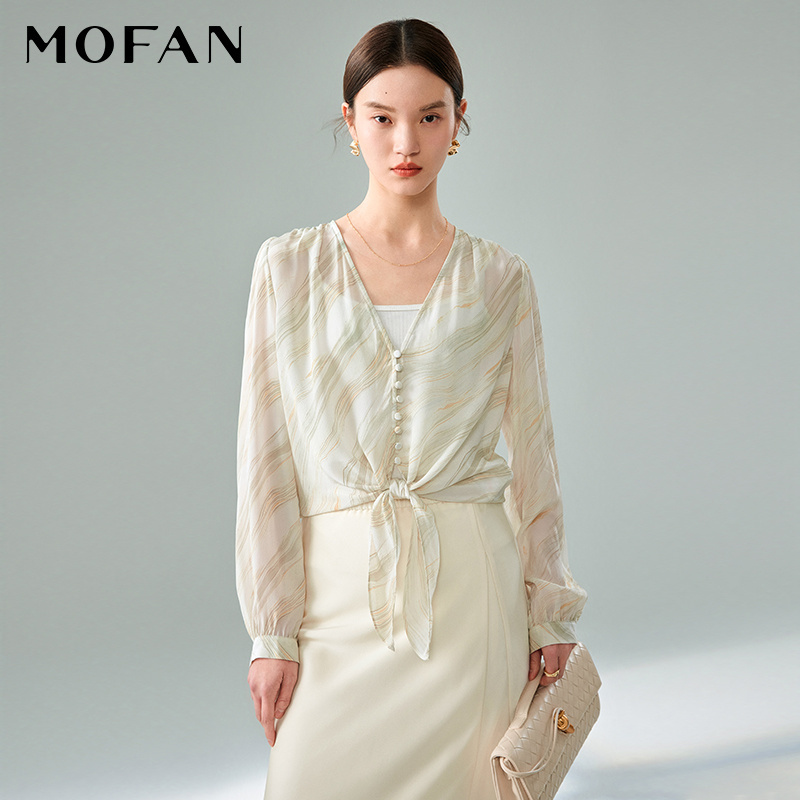MOFAN摩凡夏新款米色花纹衬衫