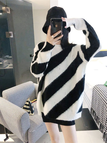 黑白条纹圆领破洞毛衣男女同款
