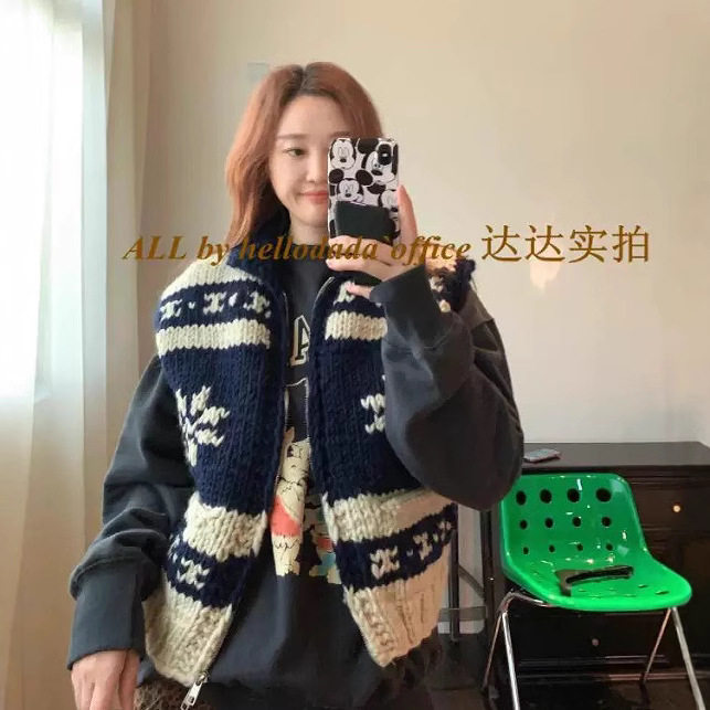 早秋韩系复古麋鹿费尔岛纯羊毛手工马甲外套毛衣女sweater