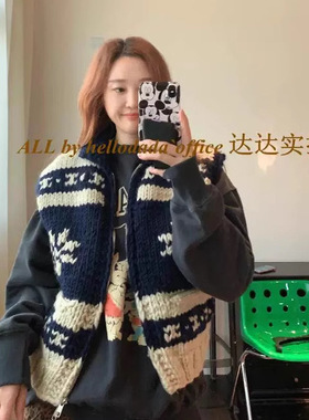 早秋韩系复古麋鹿费尔岛纯羊毛手工马甲外套毛衣女sweater
