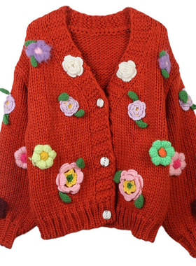2025秋冬新款女装撞色花朵刺绣V领长袖宽松橙色针织开衫现货厚款