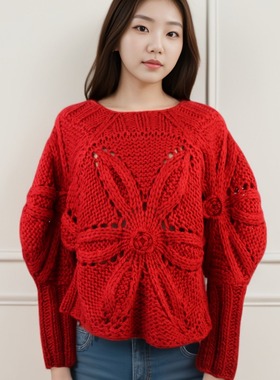 重工手勾毛衣女宽松慵懒风时尚2024年新款秋冬红色长袖针织衫