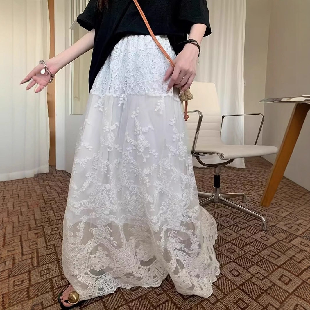 法式白色蕾丝半身裙女夏季设计感高腰显瘦大裙摆a字长裙秋冬