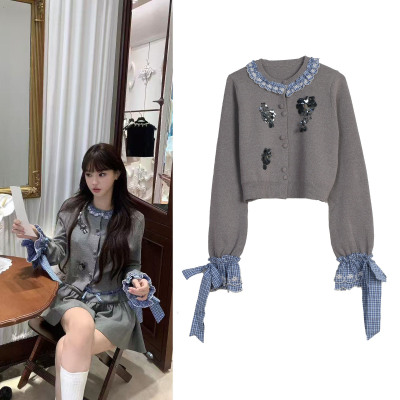 拉菲家姆甜美针织开衫圆领刺绣亮片25秋冬新款韩系长袖针织外套