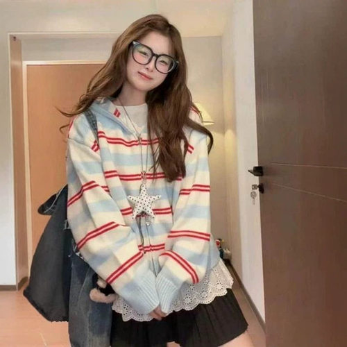 韩系复古条纹连帽针织开衫女氛围感穿搭高级感毛衣秋冬季减龄外套