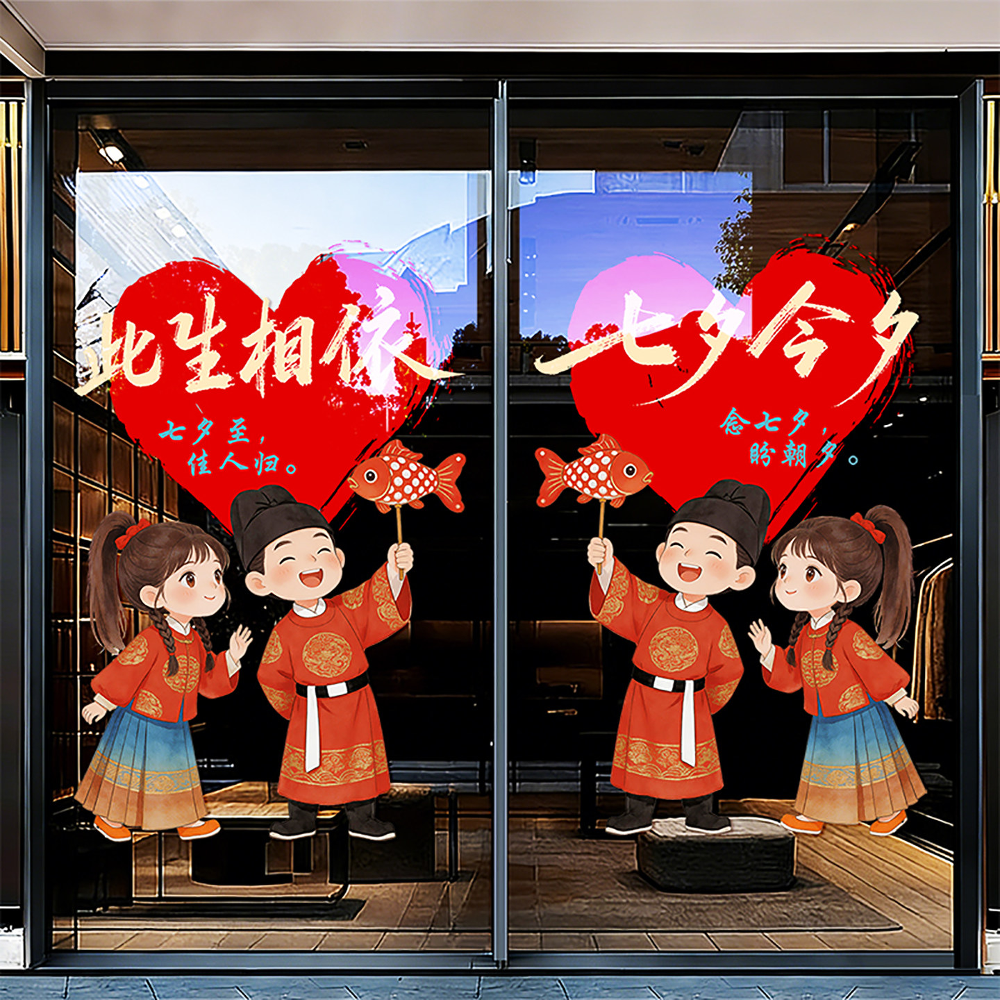 情人节庆祝七夕玻璃贴纸珠宝店铺橱窗装饰商场爱心布置静电贴窗花