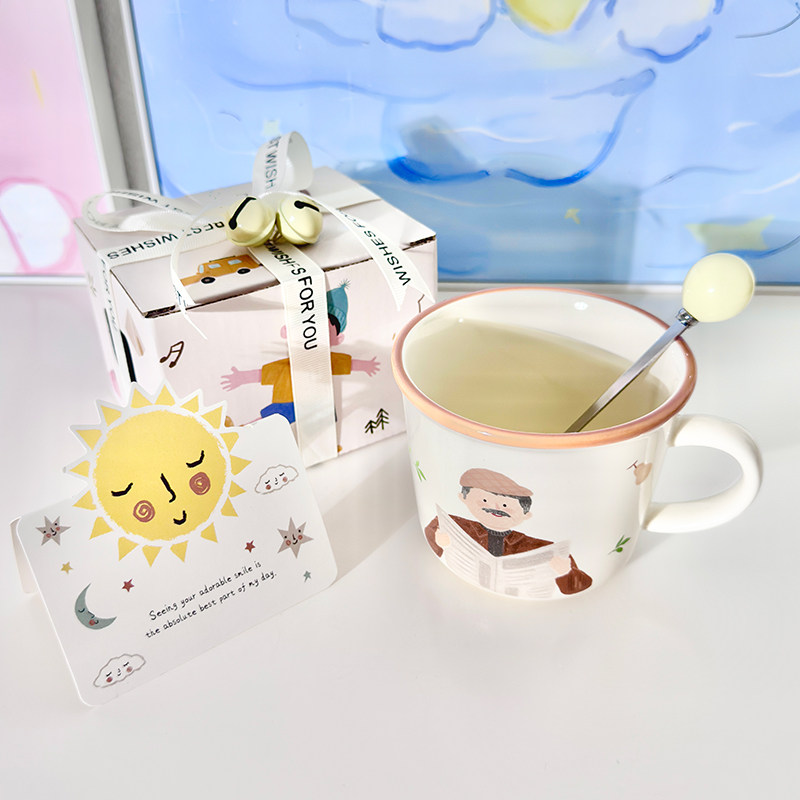 爷爷陶瓷杯子马克杯带勺生日礼物实用送外公老人老年人长辈小礼品