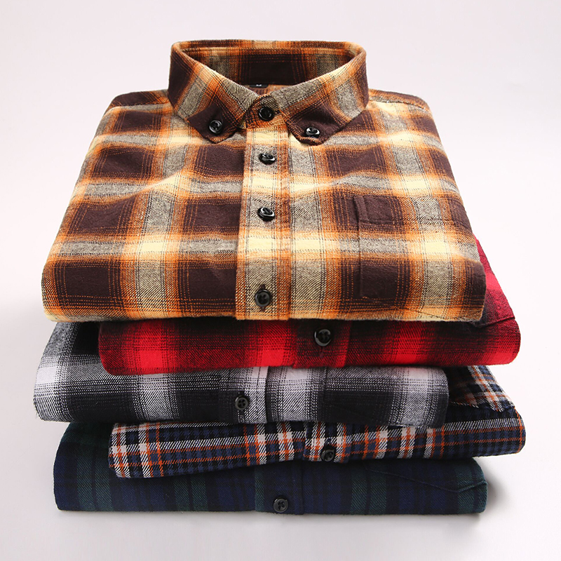 新款 男士纯棉格子衬衫长袖薄款全棉磨毛外套休闲加大码衬衣纯色