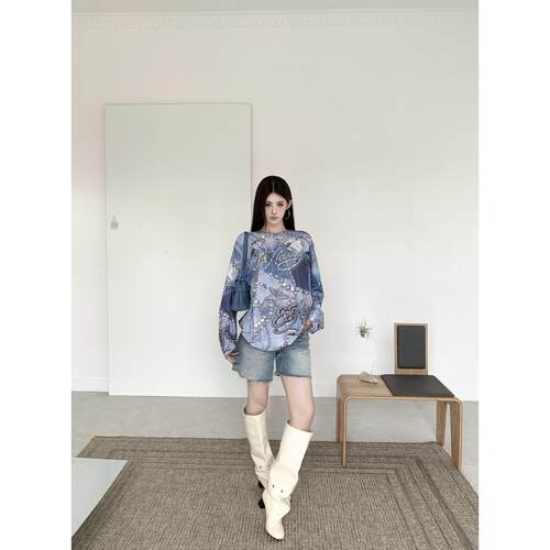 新款实拍个性宽松秋季辣妹3D数码印花烫钻宽松圆领长袖T恤上衣