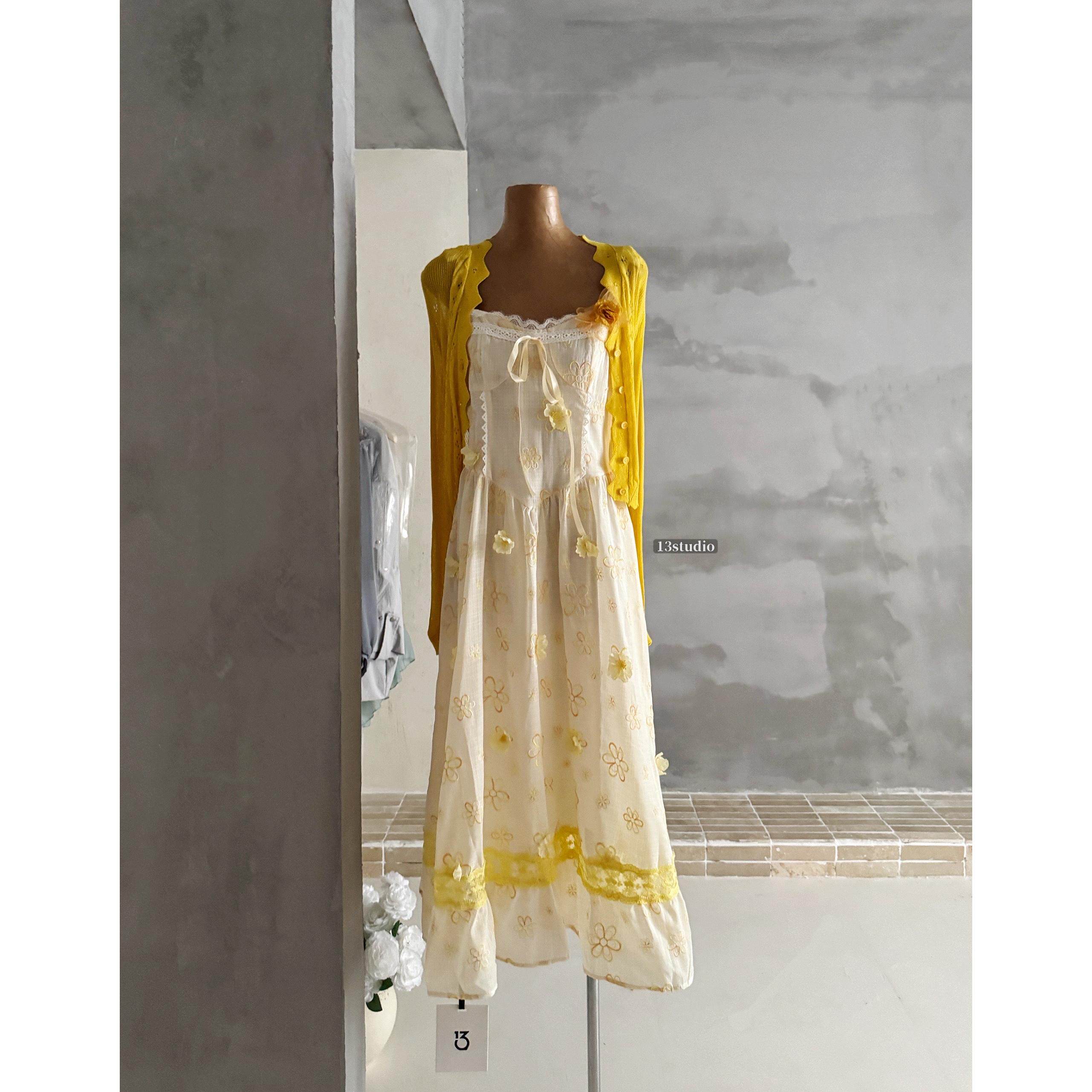 实拍新款夏季长裙黄油雏菊 温柔少女刺绣花朵连衣裙开衫两件套