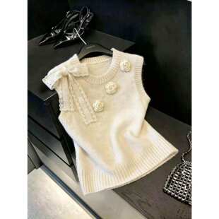 夏季新款实拍立体花朵圆领针织马甲女秋季高级感外穿背心上衣chic